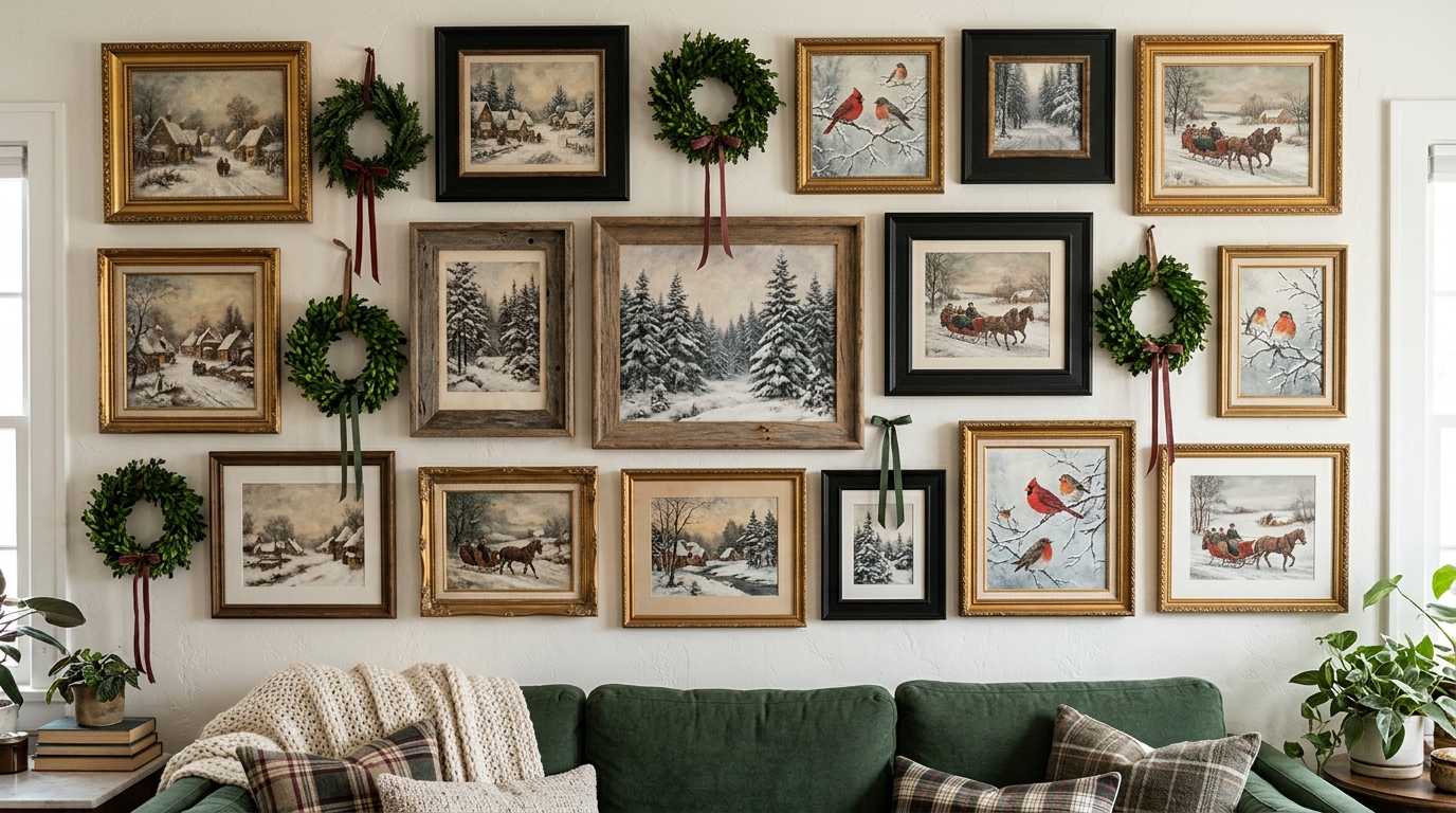 Gallery wall of framed vintage style winter paintings with small wreaths