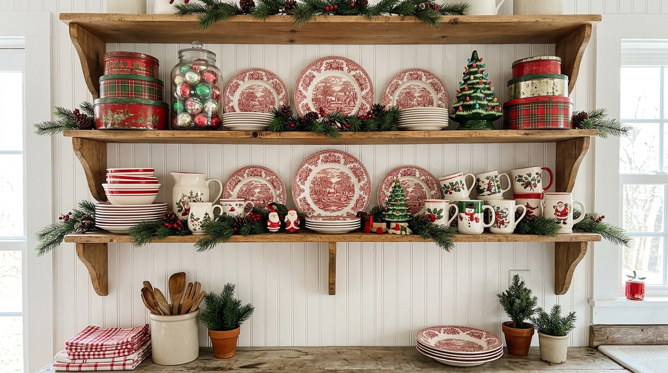 Open kitchen shelves filled with vintage holiday dishes, mugs and ornaments