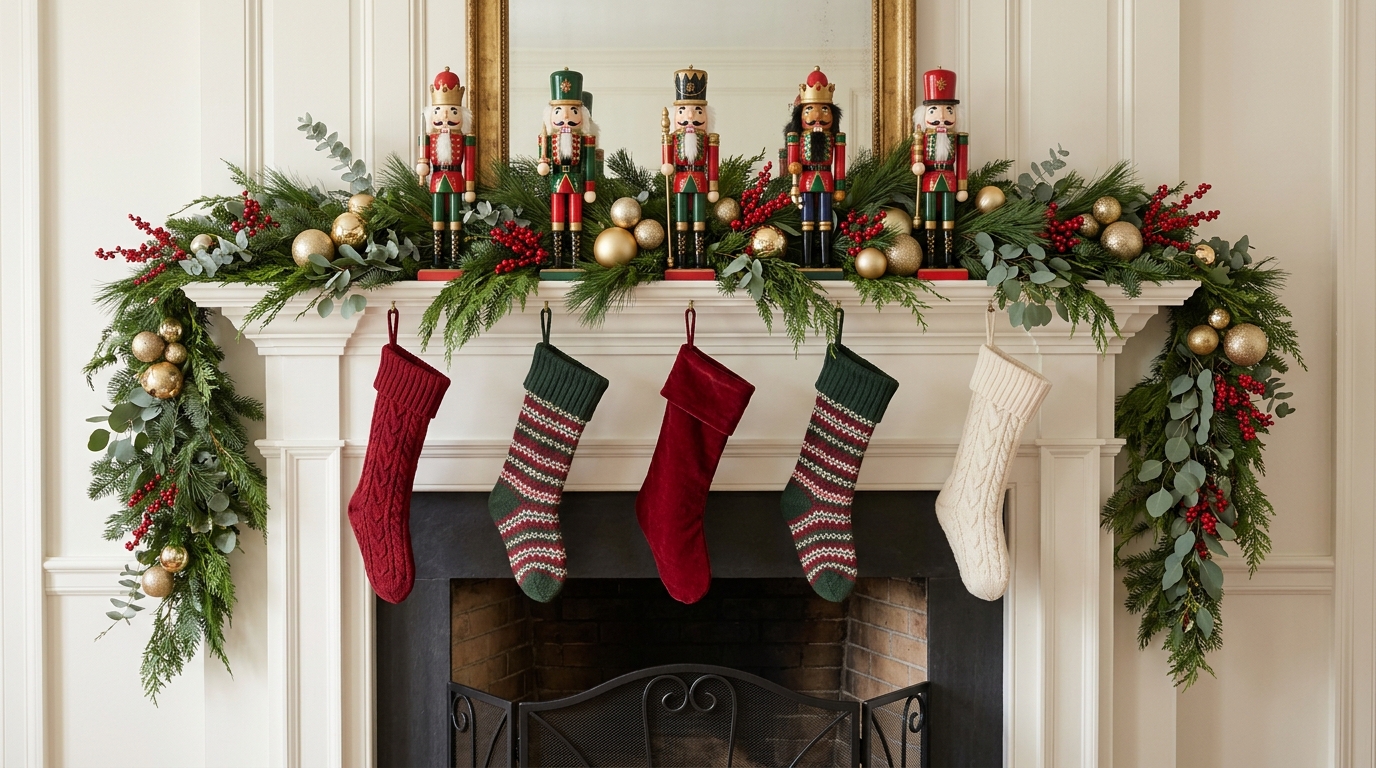 Mantel layered with greenery, berries and a row of nutcracker figures