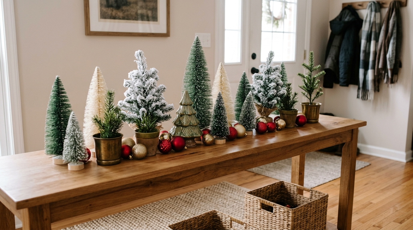 Cluster of mini Christmas trees on an entryway console table
