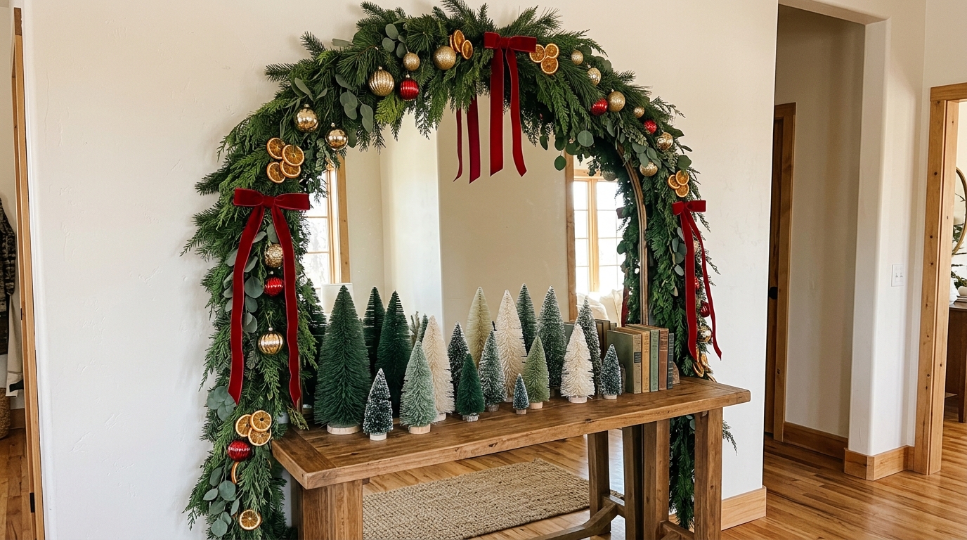 Arched mirror framed with pine garland, dried oranges and ornaments