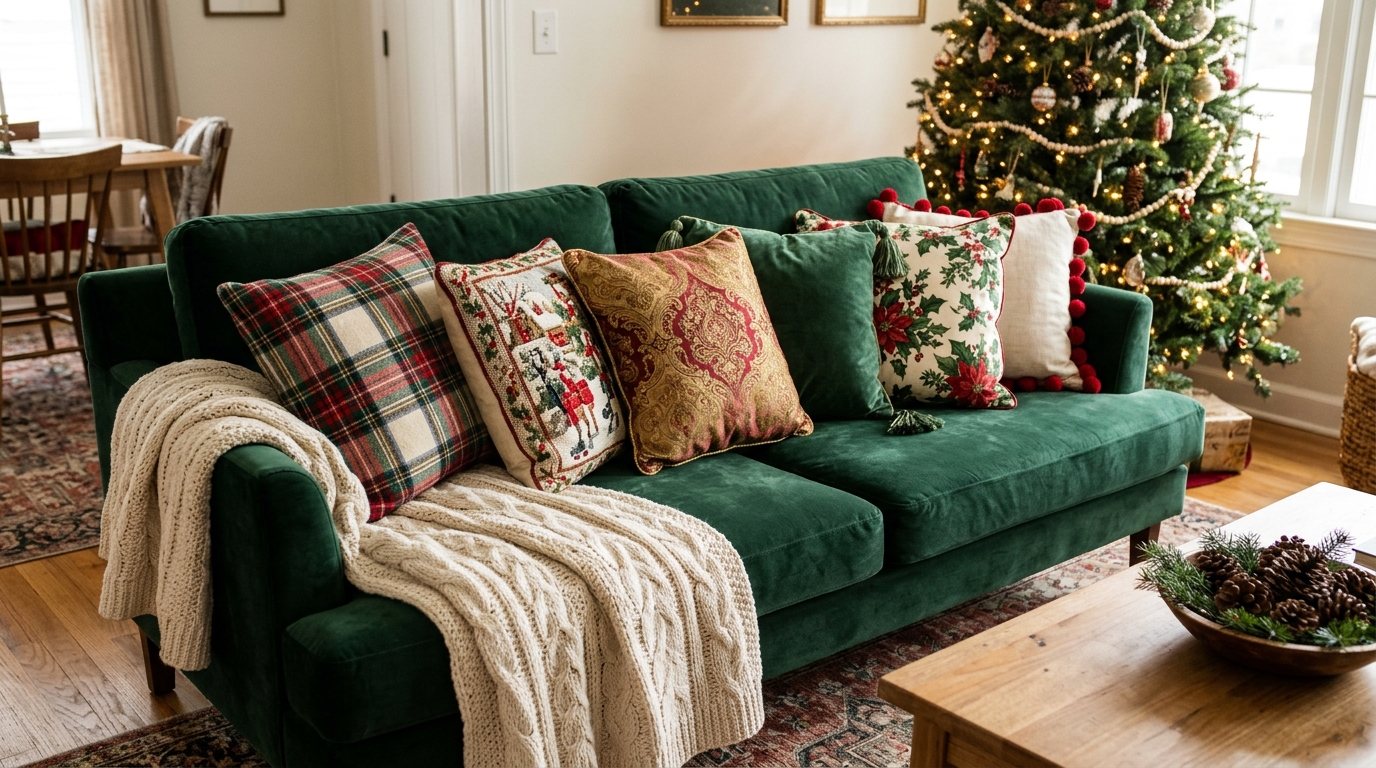 Green velvet sofa piled with mixed pattern holiday pillows