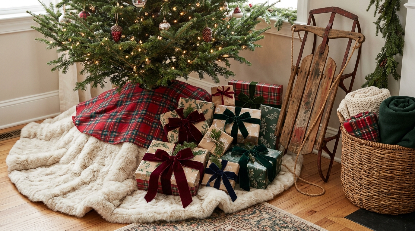 Layered faux fur and plaid tree skirts with a pile of wrapped gifts