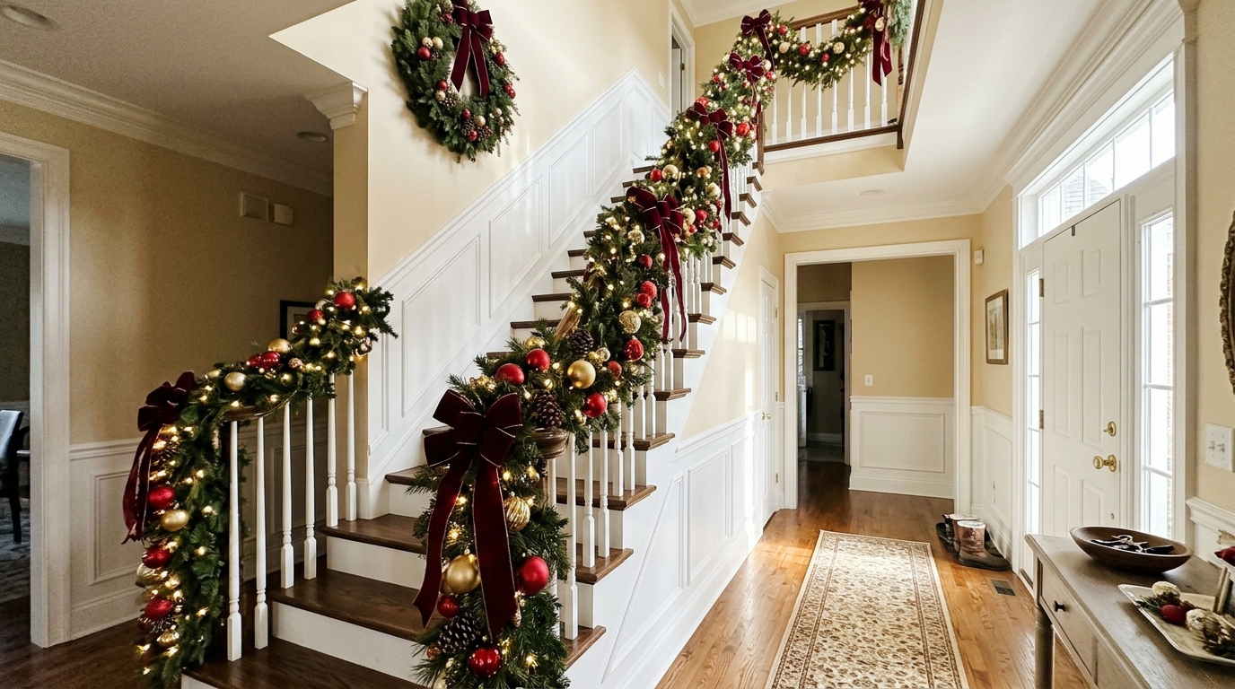 Maximalist Christmas decor on a staircase with full garland wrapped up the banister