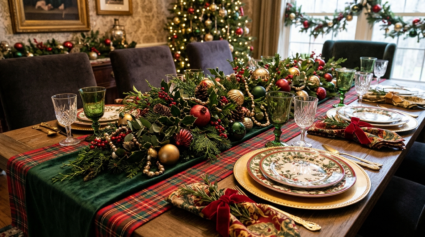 Maximalist Christmas decor on a dinner table with gold chargers, patterned china and layered runners