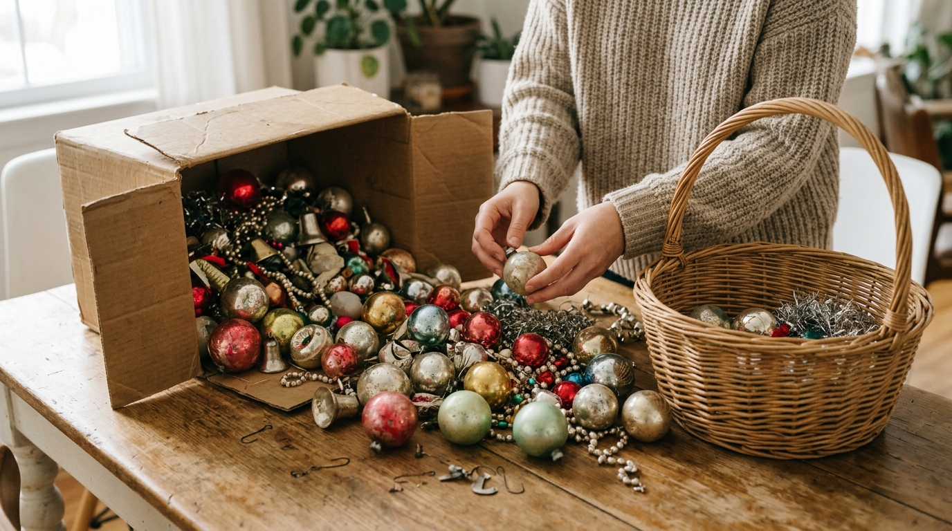 Maximalist Christmas decor on a budget, a box of thrifted vintage ornaments sorted into a basket