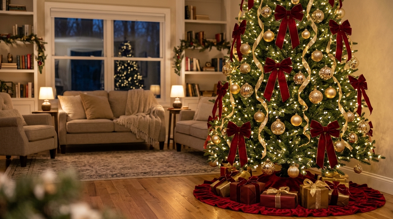 Christmas tree decorated with red velvet bows and gold ornaments