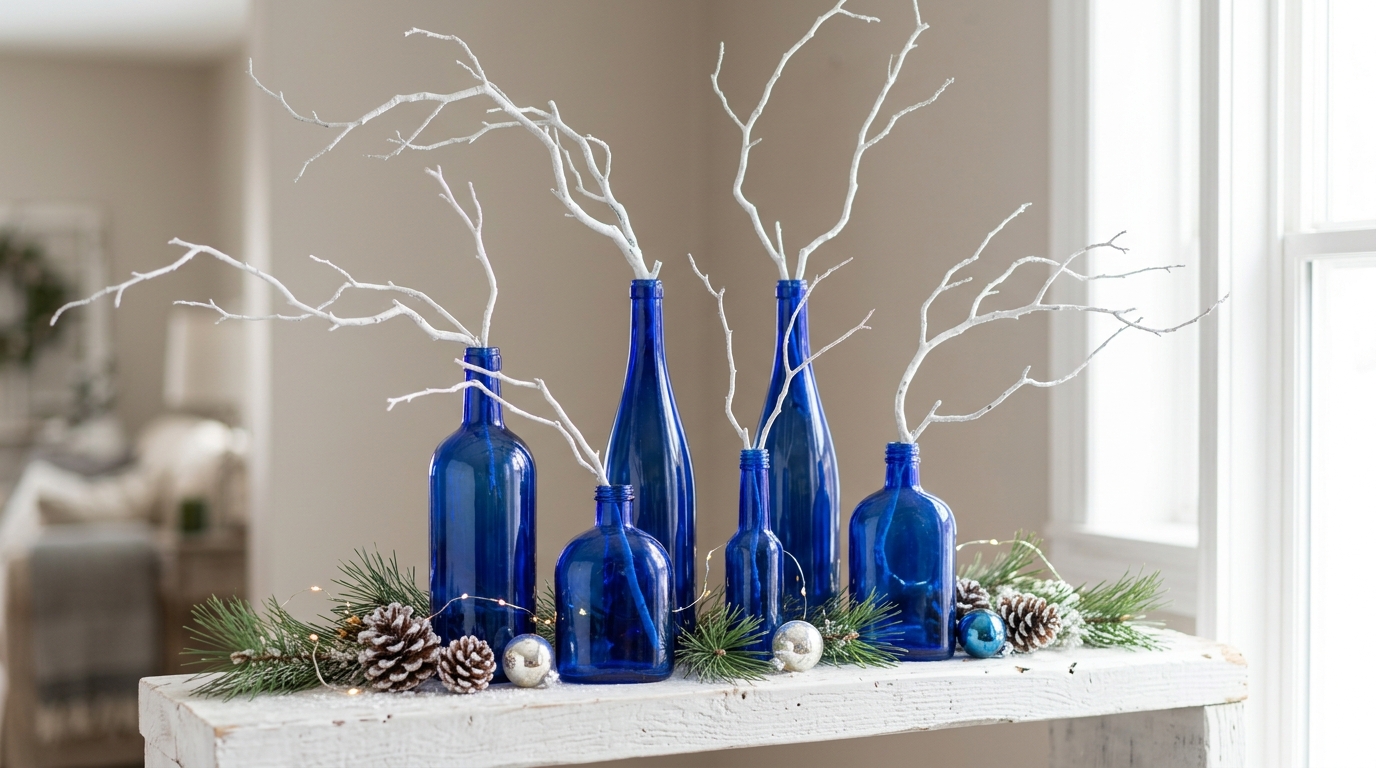 Cobalt blue glass bottles holding white painted branches on a white shelf