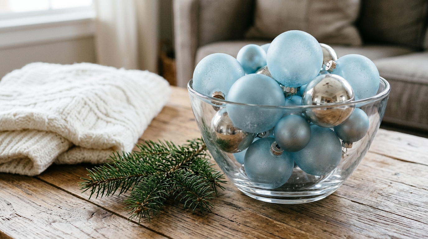 Glass bowl filled with frosted pale blue and silver ornaments on a coffee table