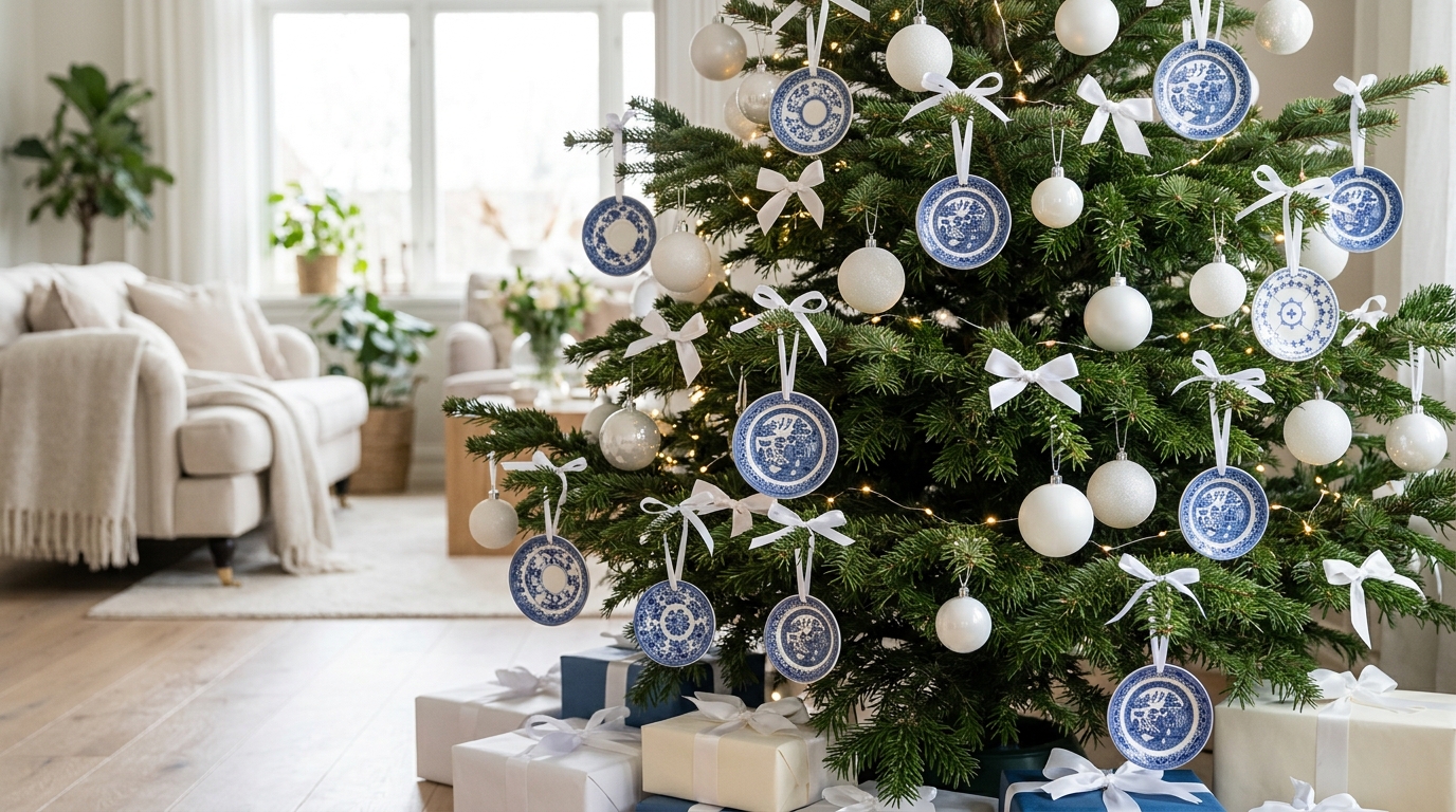 Christmas tree hung with small blue and white china saucers and white ornaments