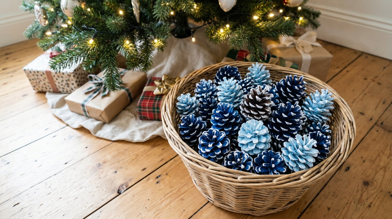 Blue Christmas decor in a basket, pine cones painted navy to sky blue with white tips