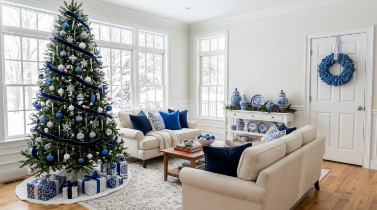 Blue Christmas decor in a bright living room with a blue tree, a fabric wreath and blue and white china