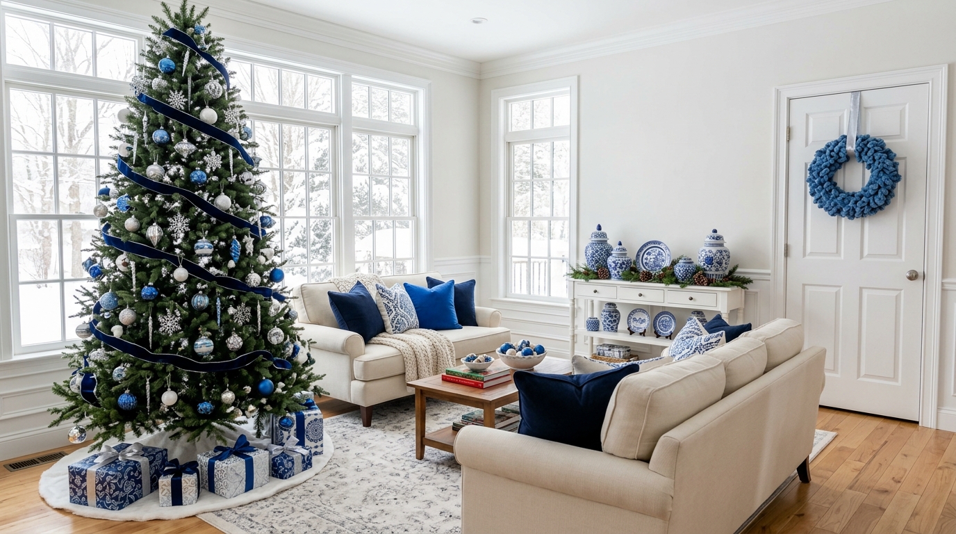 Blue Christmas decor in a bright living room with a blue tree, a fabric wreath and blue and white china
