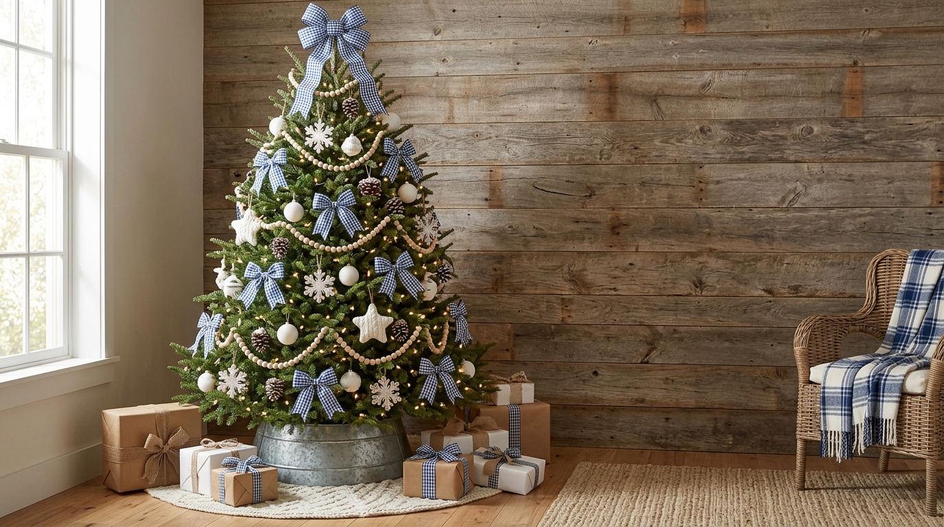 Farmhouse Christmas tree with blue and white gingham bows and a wood bead garland