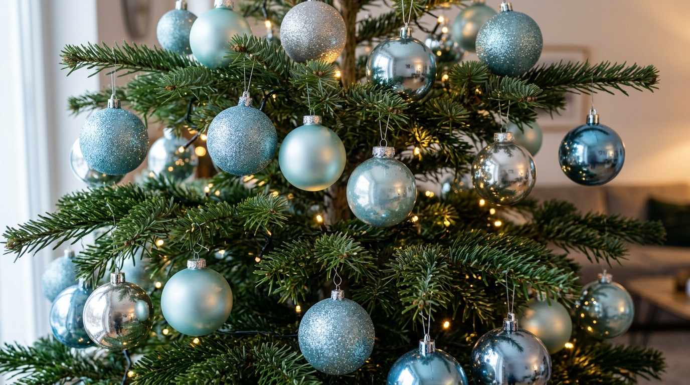 Ice blue, aqua and silver ball ornaments mixed together on a tree branch