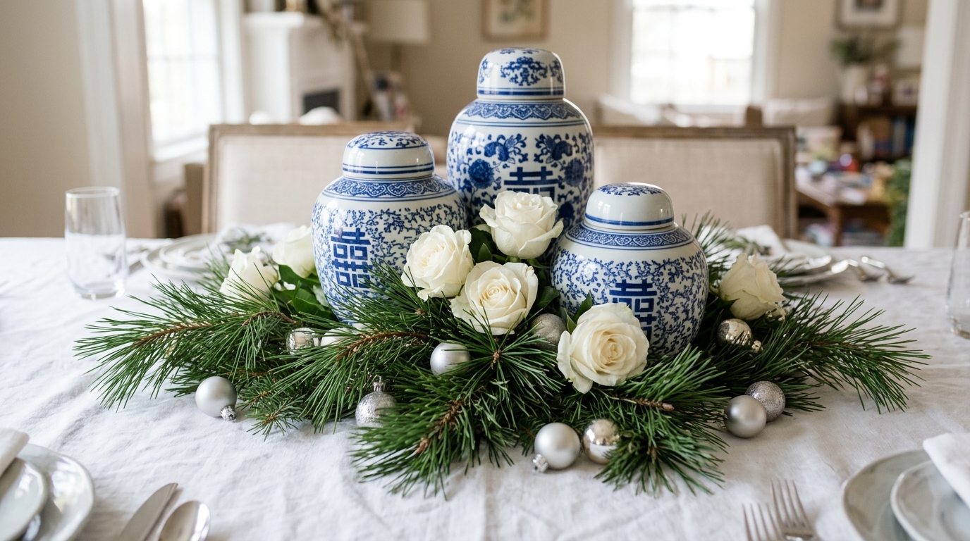 Blue and white porcelain jars with pine and white roses as a table centerpiece