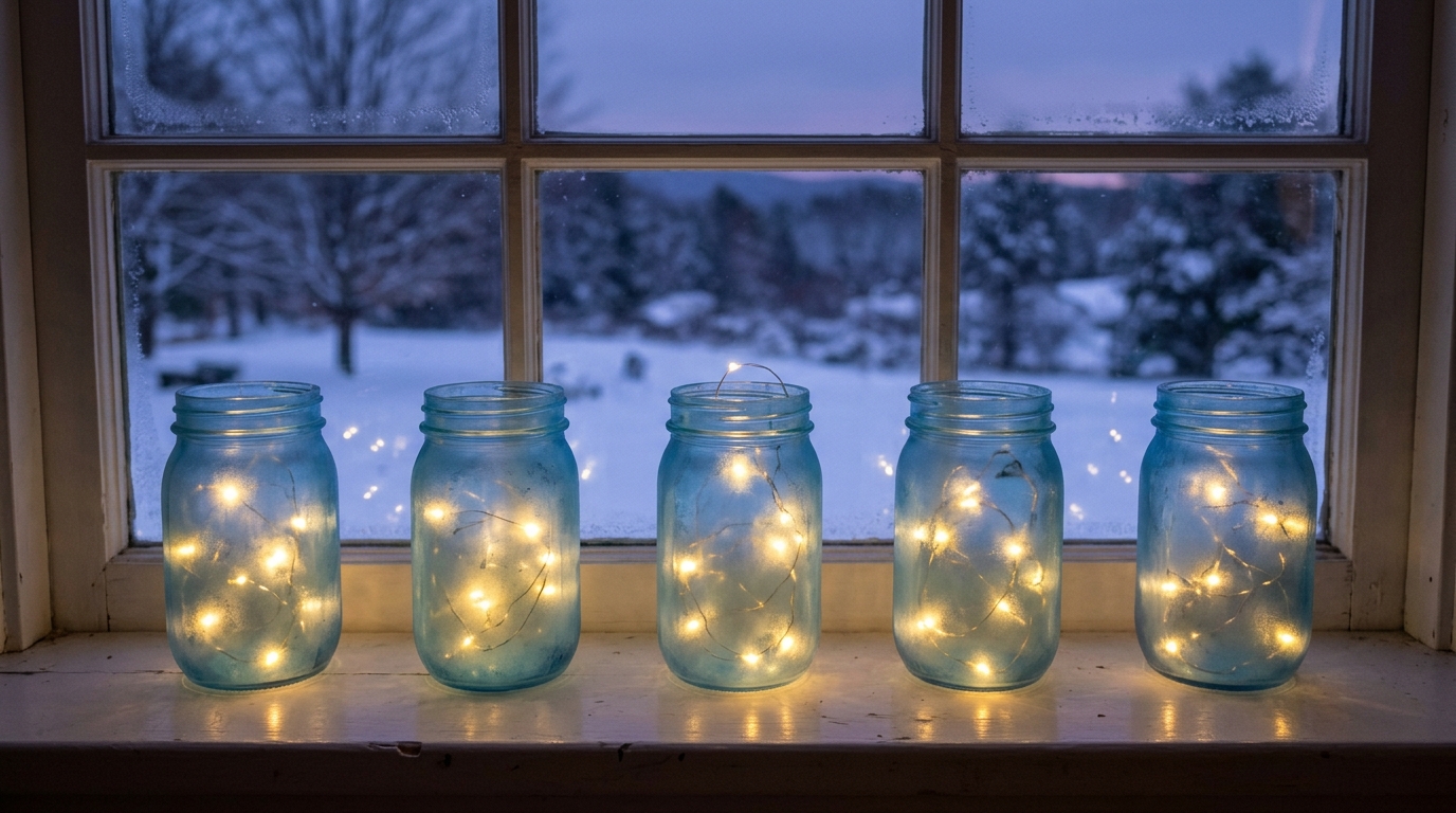 Blue Christmas decor glow, frosted blue jars with LED fairy lights on a windowsill