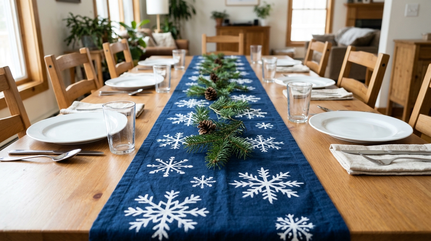 Navy table runner painted with white snowflakes on a set dinner table