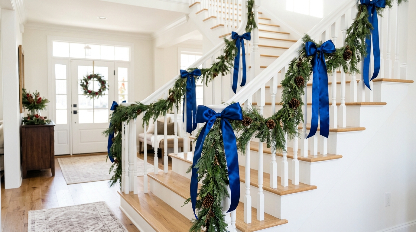 White staircase with pine garland and big royal blue satin bows