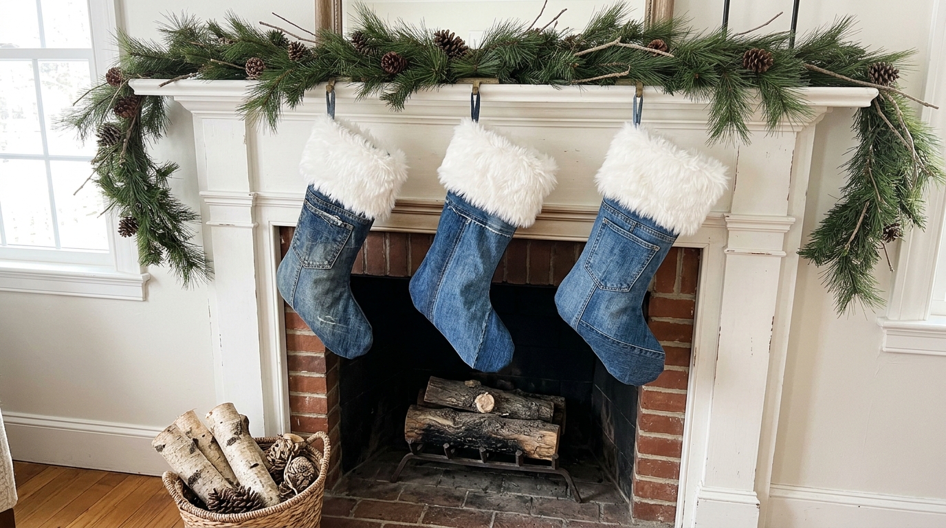 Blue Christmas decor for the mantel, denim stockings with white faux fur cuffs