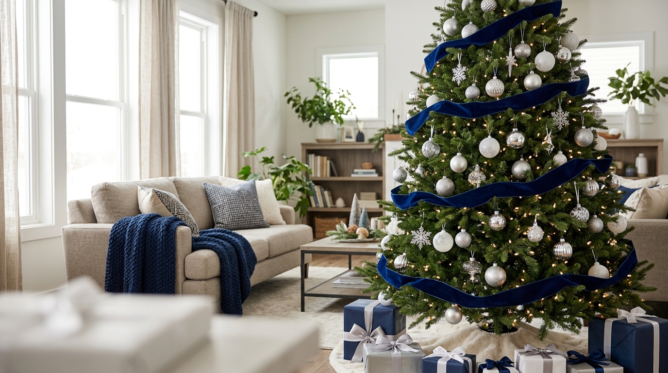 Blue Christmas decor on the tree, navy velvet ribbon draped in loose swoops
