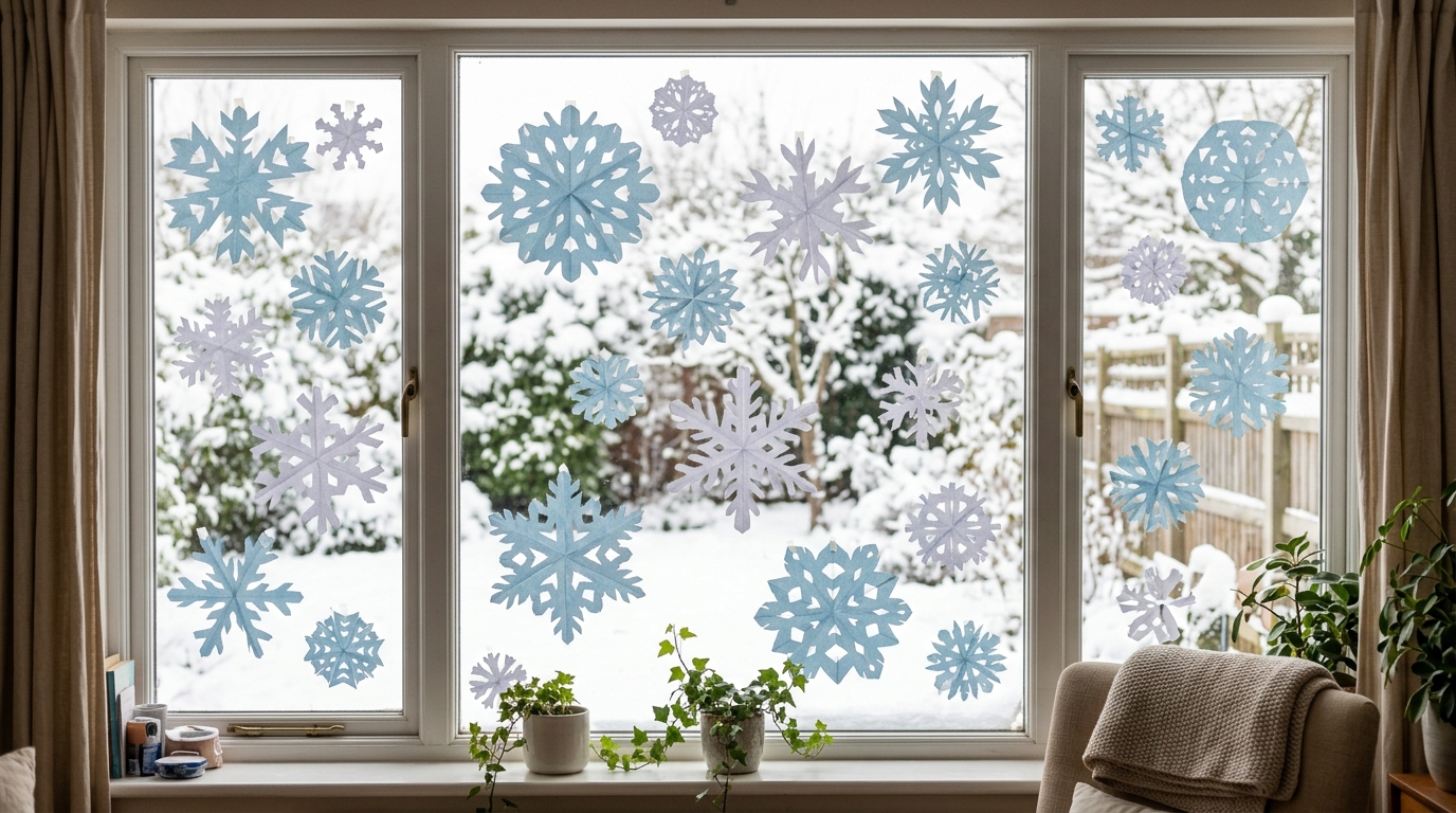 Pale blue and white paper snowflakes taped to a bright window