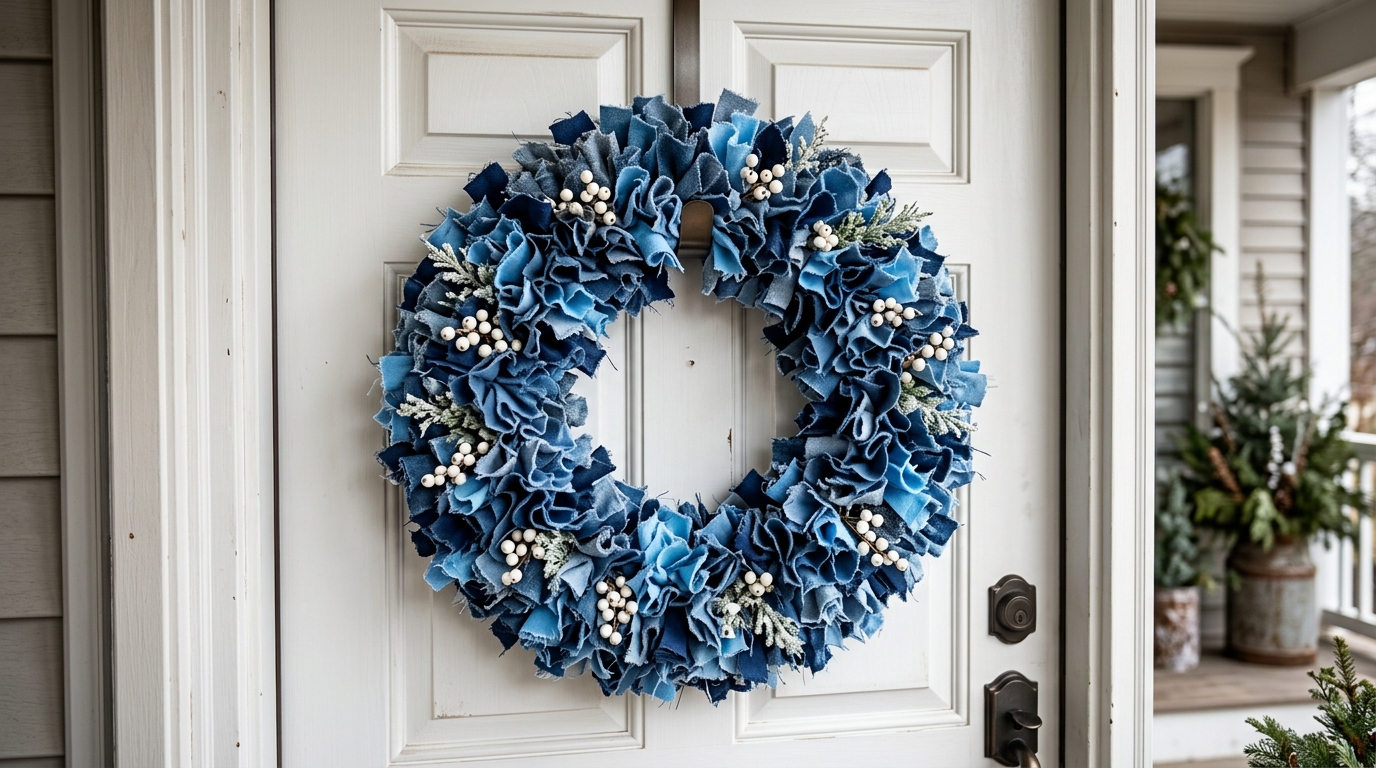 Blue Christmas decor idea, a fluffy wreath of blue fabric scraps with white berries on a white door