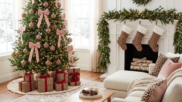 Leopard print Christmas decor in a living room with a spotted ornament tree, pink velvet bows, leopard stockings and wrapped gifts