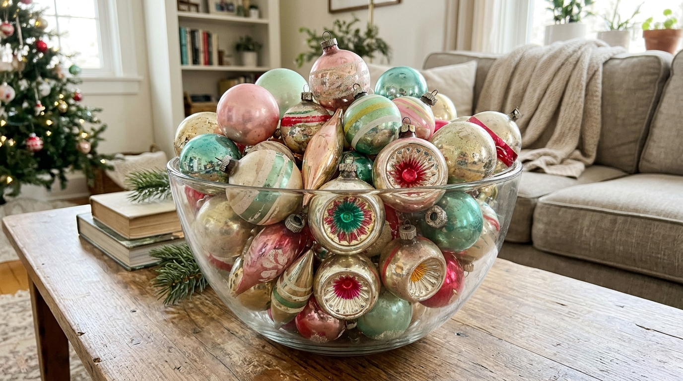 Clear glass bowl filled with mismatched striped, glitter and pastel ornaments on a coffee table