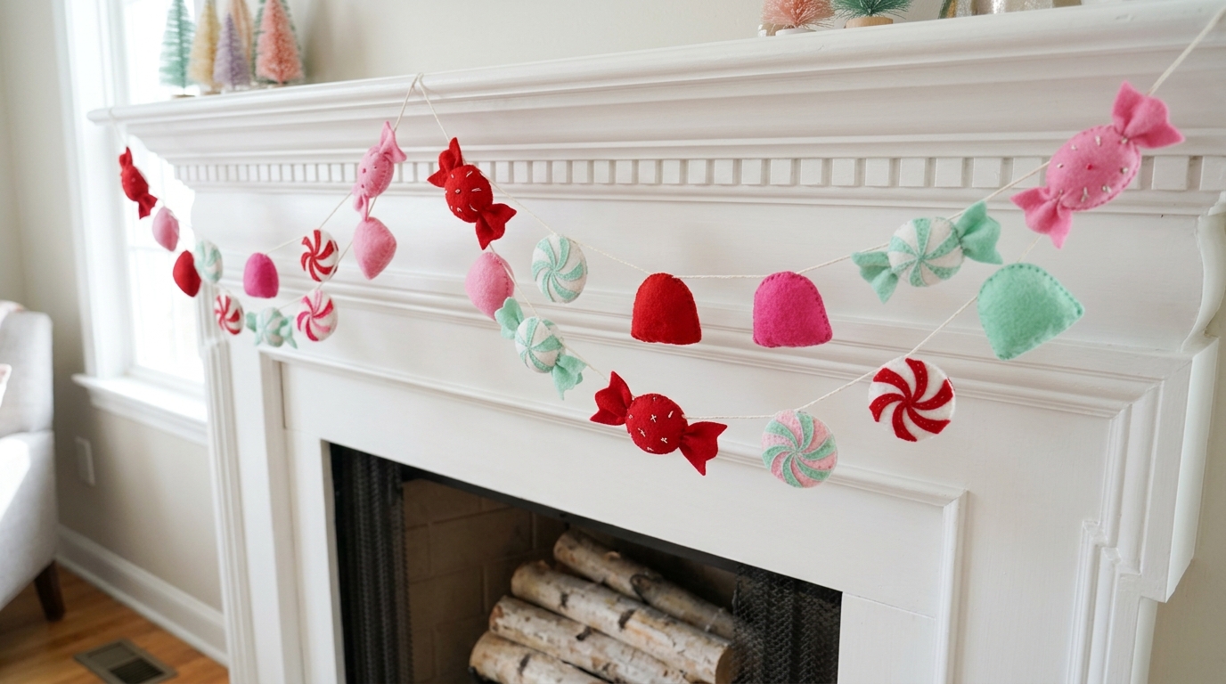 Felt peppermint and gumdrop garland in pink, red, white and mint along a mantel