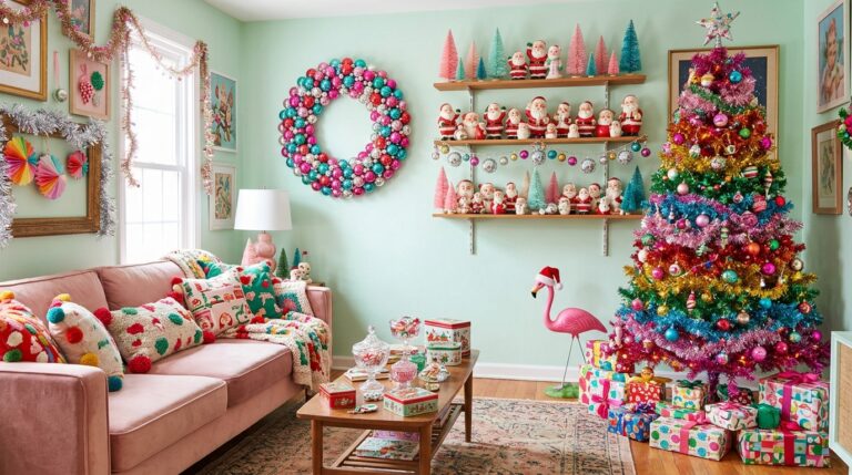 Kitschy Christmas decor in a bright living room with a rainbow tinsel tree, an ornament wreath and a flamingo