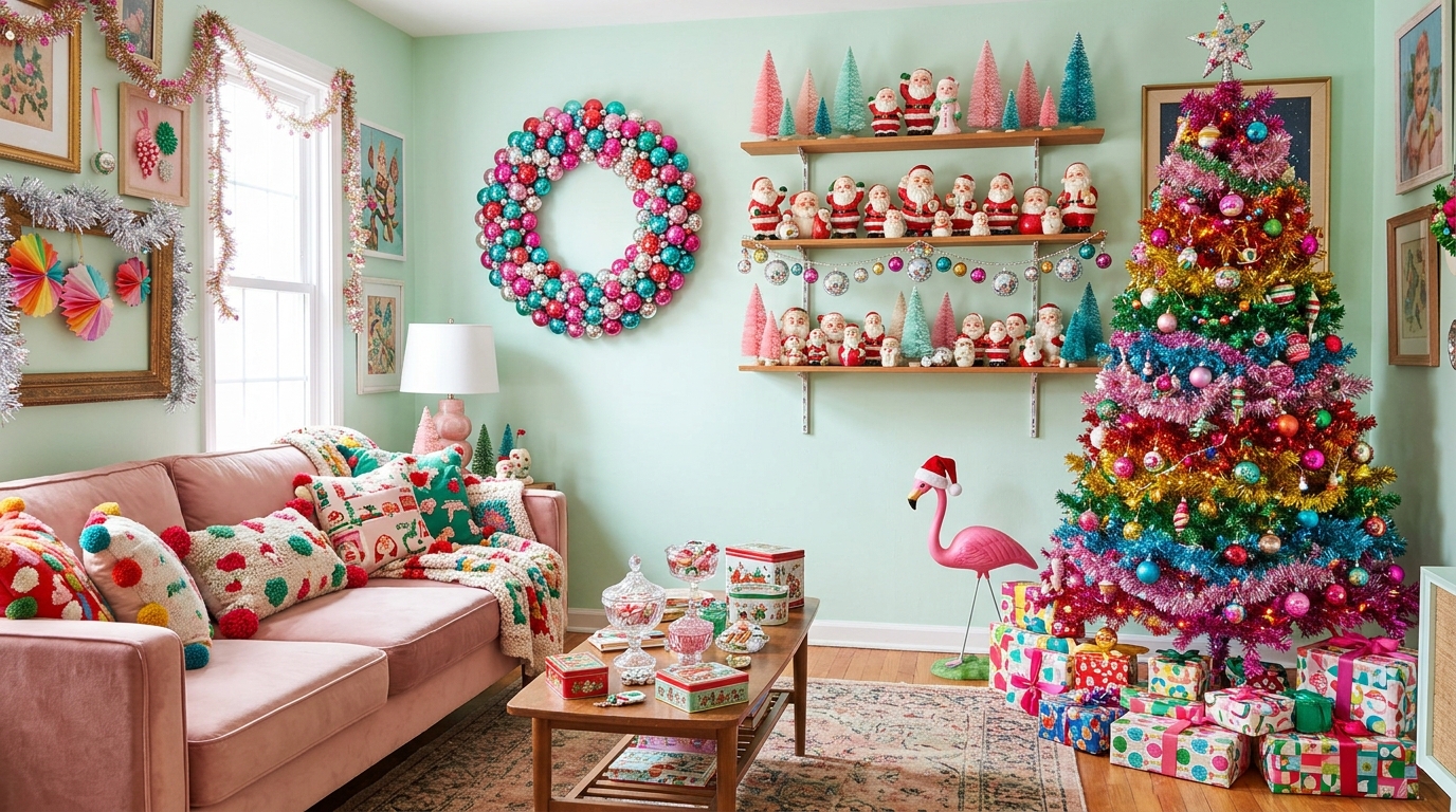 Kitschy Christmas decor in a bright living room with a rainbow tinsel tree, an ornament wreath and a flamingo