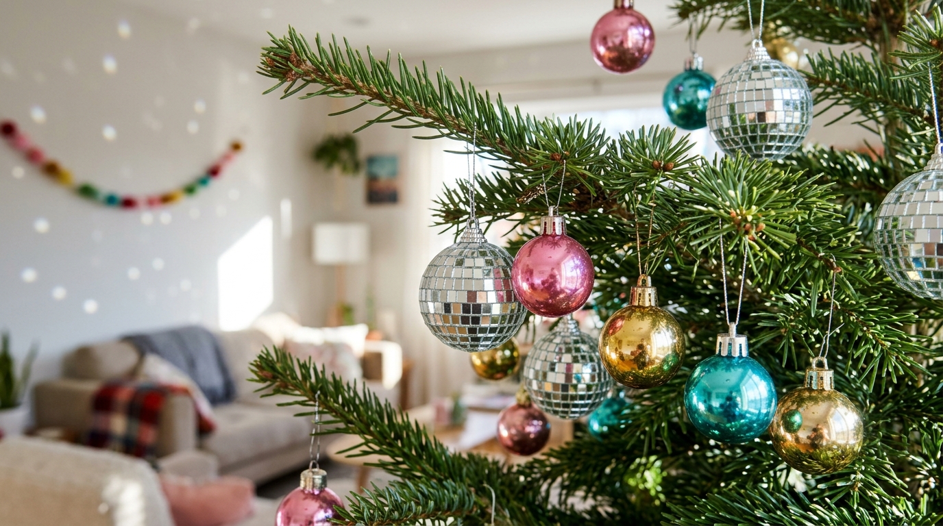 Kitschy Christmas decor with mini mirror disco balls and colored baubles on a tree