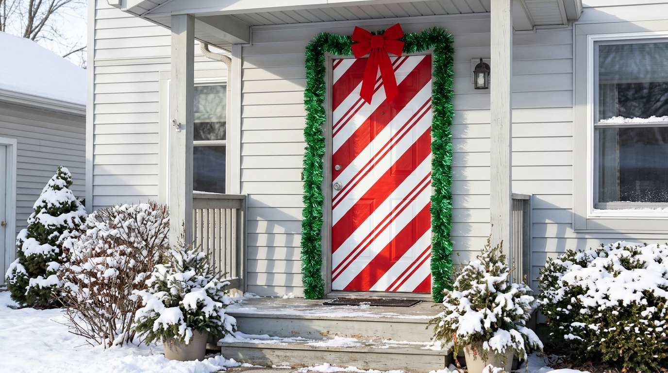 Front door painted with red and white candy cane stripes and a tinsel garland