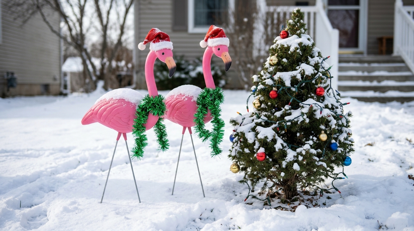 Two pink lawn flamingos wearing tiny Santa hats and tinsel scarves in a snowy yard