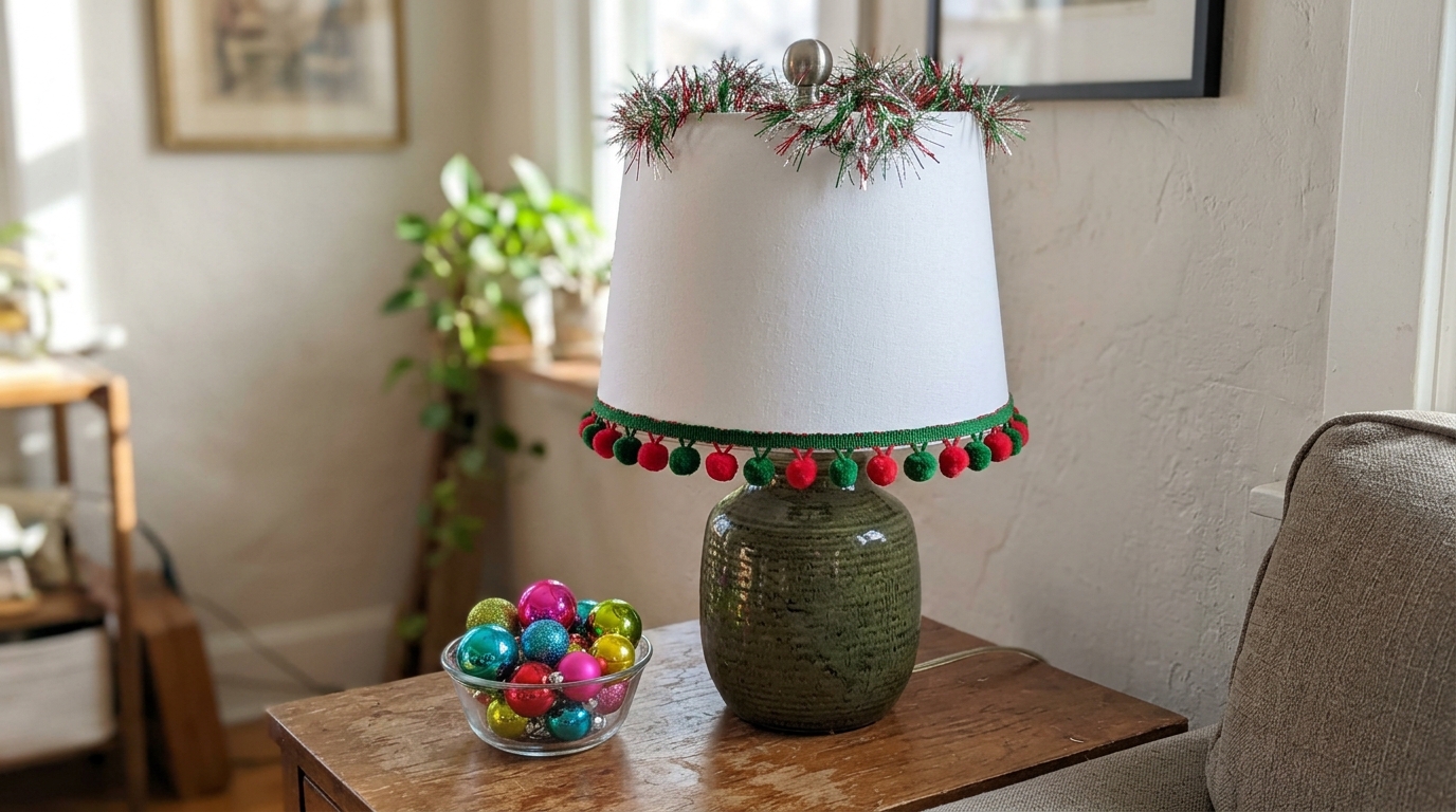 White lampshade trimmed with red and green pom pom fringe on a side table