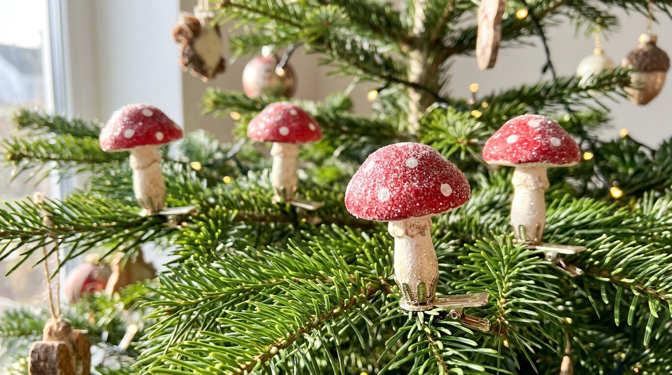 Glittery red and white mushroom ornaments clipped onto green tree branches