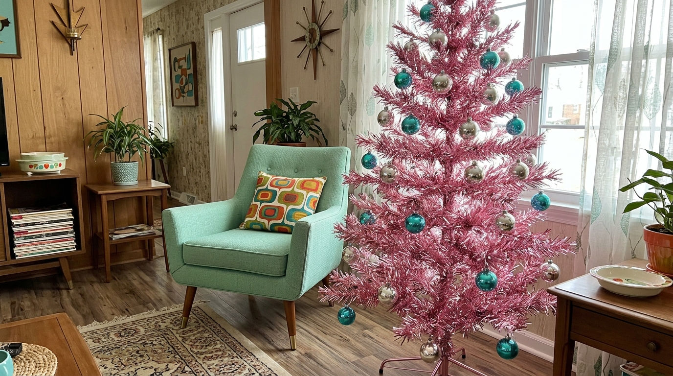 Kitschy Christmas decor finale, a pink metallic tree with turquoise and silver baubles