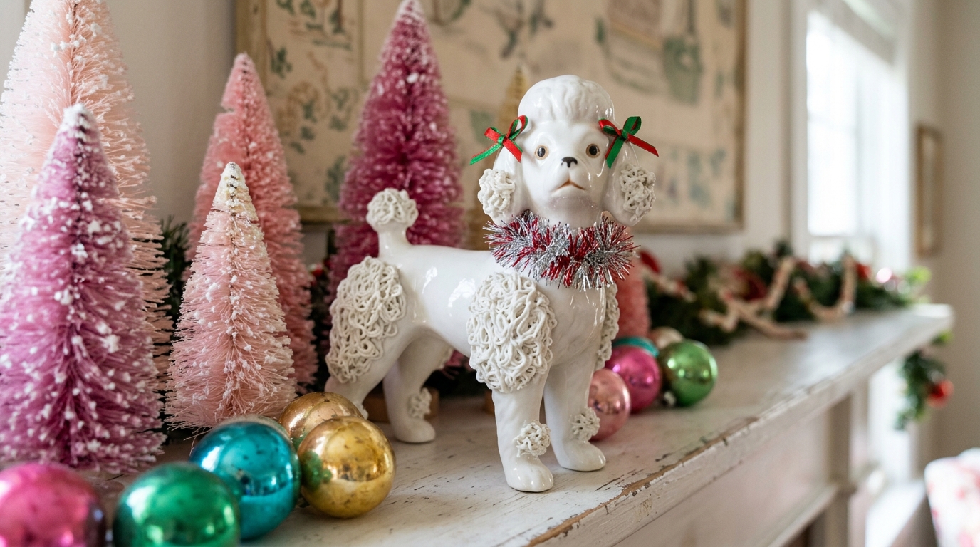 Kitschy Christmas decor idea, a white ceramic poodle with red and green bows on a mantel