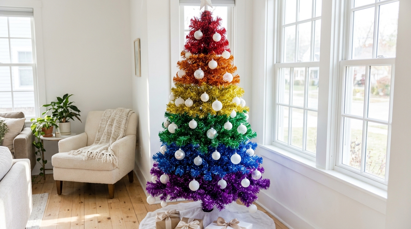 Kitschy Christmas decor rainbow tinsel tree with white ornaments in a bright room