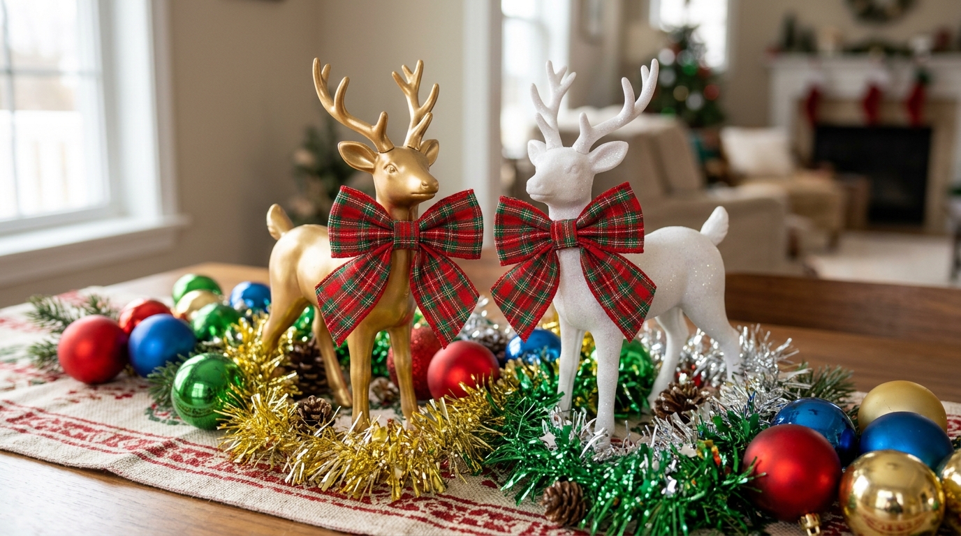 Gold and white toy reindeer wearing red plaid bow ties on a holiday table