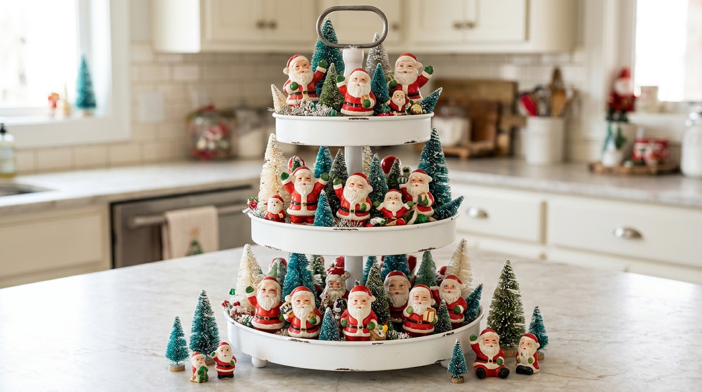 Tiered tray crowded with small vintage style Santa figurines and bottle brush trees