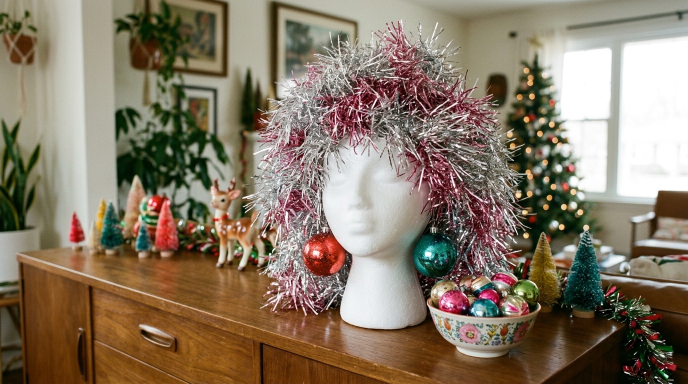 Foam mannequin head wearing a shaggy silver and pink tinsel wig with ornament earrings