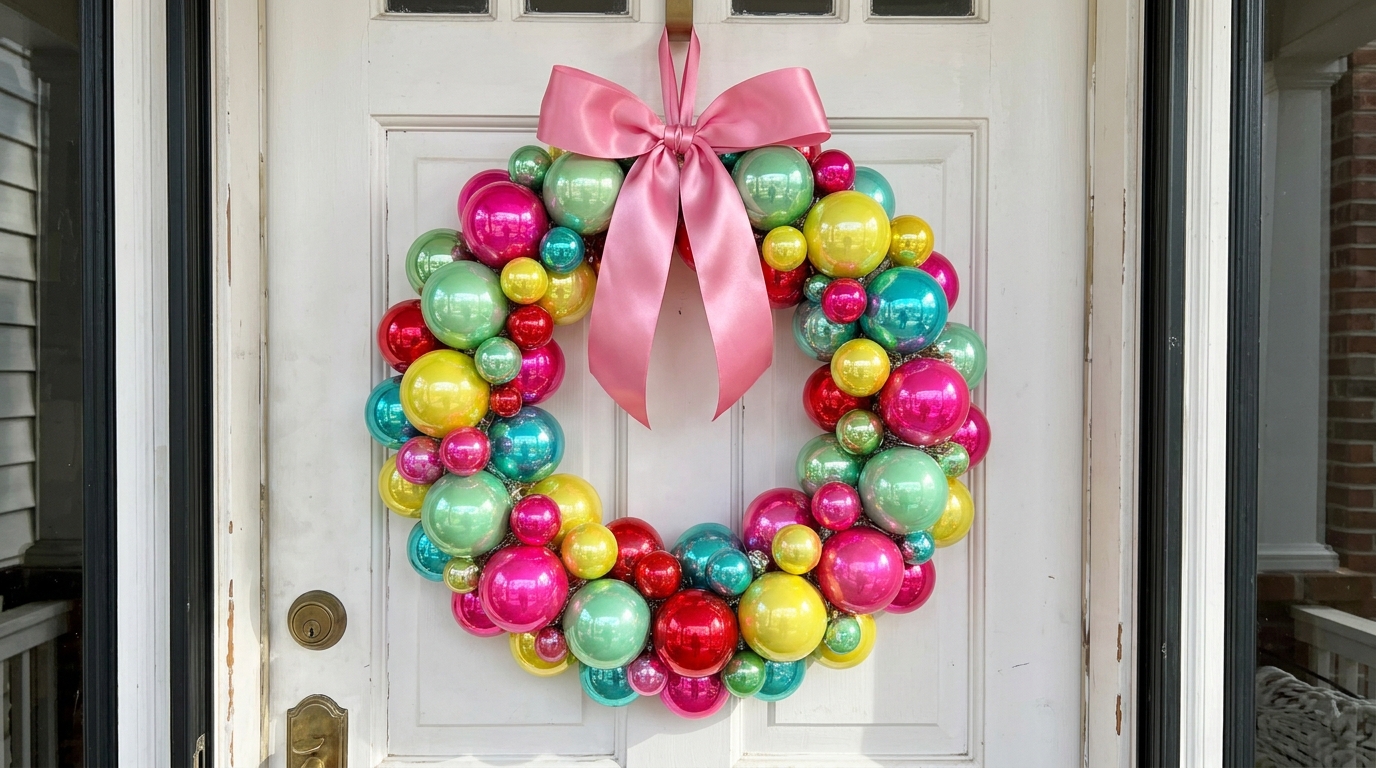 Kitschy Christmas decor wreath of pink, mint, yellow and turquoise ornaments on a white door