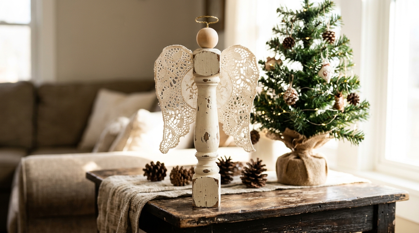 Ivory painted spindle angel with lace doily wings beside a small Christmas tree
