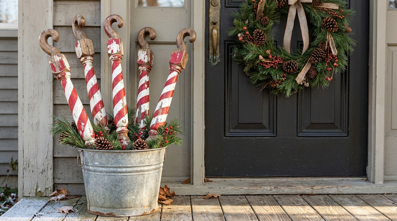 Red and white striped painted spindles in a metal bucket by a front door
