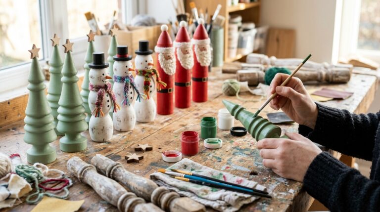 Old spindle crafts on a workshop table, painted green spindle Christmas trees, white snowmen and red Santas