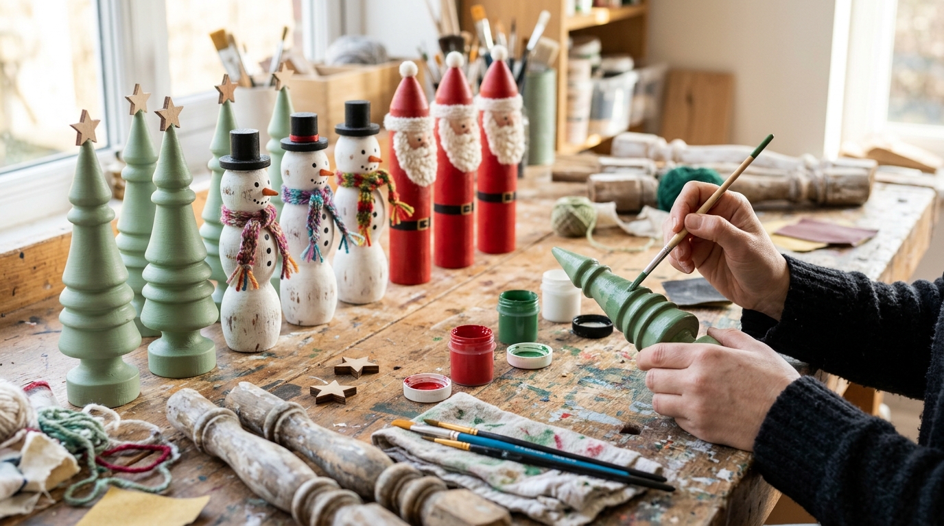Old spindle crafts on a workshop table, painted green spindle Christmas trees, white snowmen and red Santas