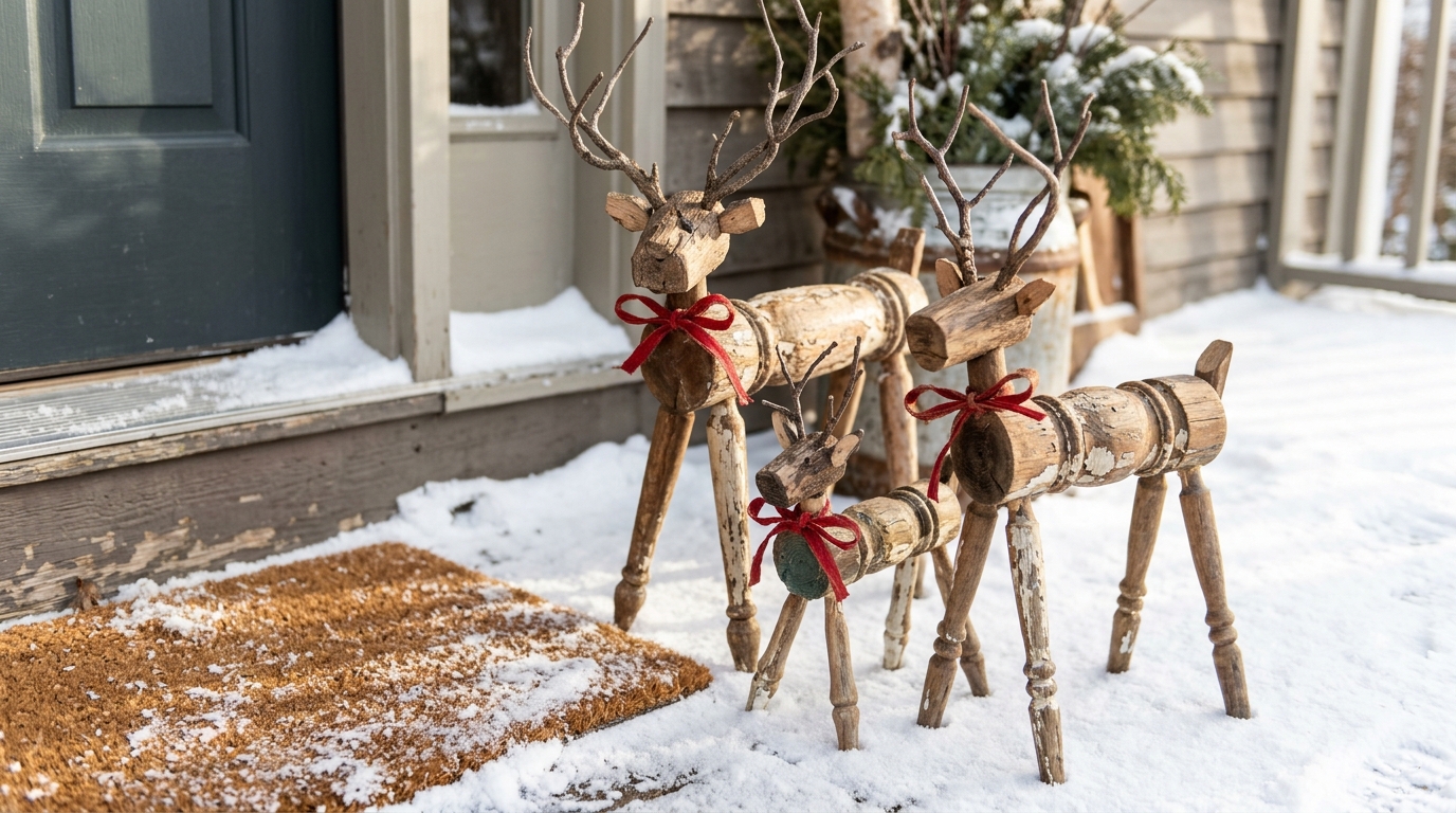 Reindeer made from stair spindles and twig antlers on a snowy porch