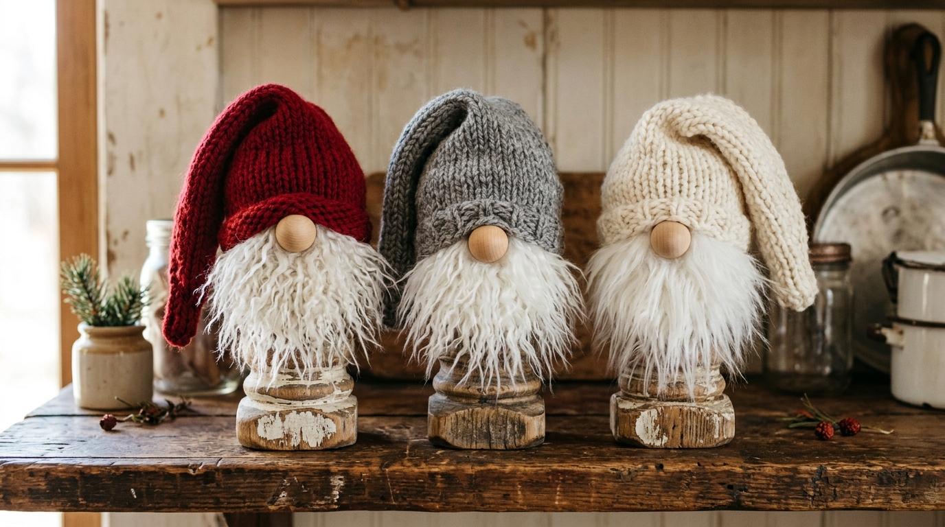 Old spindle crafts gnomes with long knitted hats and white beards on a kitchen shelf